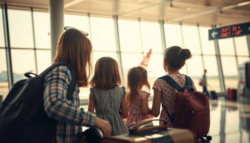 Kinder die am Flughafen auf ein Flugzeug warten