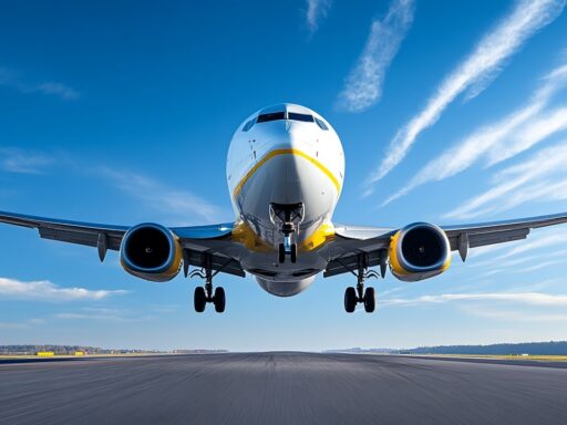 Ein Flugzeug hebt von einer Startebahn ab