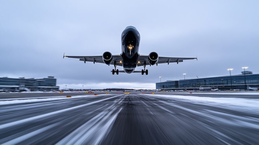 Ein Flugzeug hebt mit hoher Geschwindigkeit vom Flughafen ab