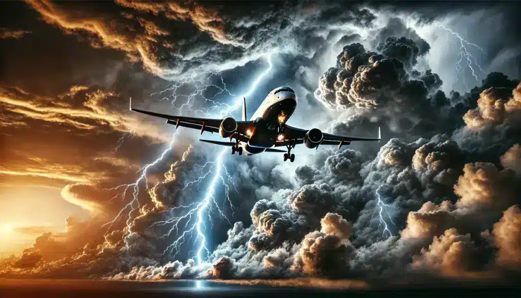 Ein Flugzeug fliegt durch starke Gewitter und Gewitterwolken und es blitzt