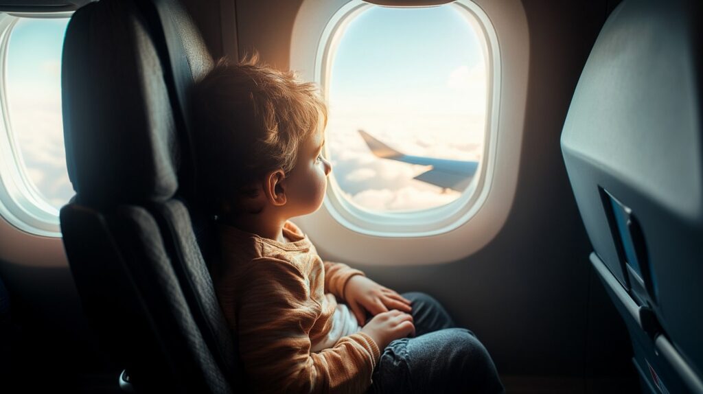 Kind fliegt alleine im Flugzeug und schaut aus dem Fenster