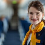 Eine Flugbegleiterin von Lufthansa steht im Flugzeug