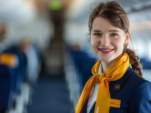 Eine Flugbegleiterin von Lufthansa steht im Flugzeug