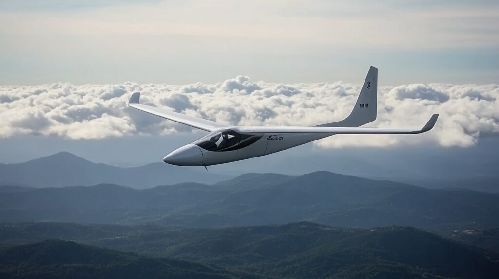 Ein Segelflugzeug fliegt über Landschaften hinweg