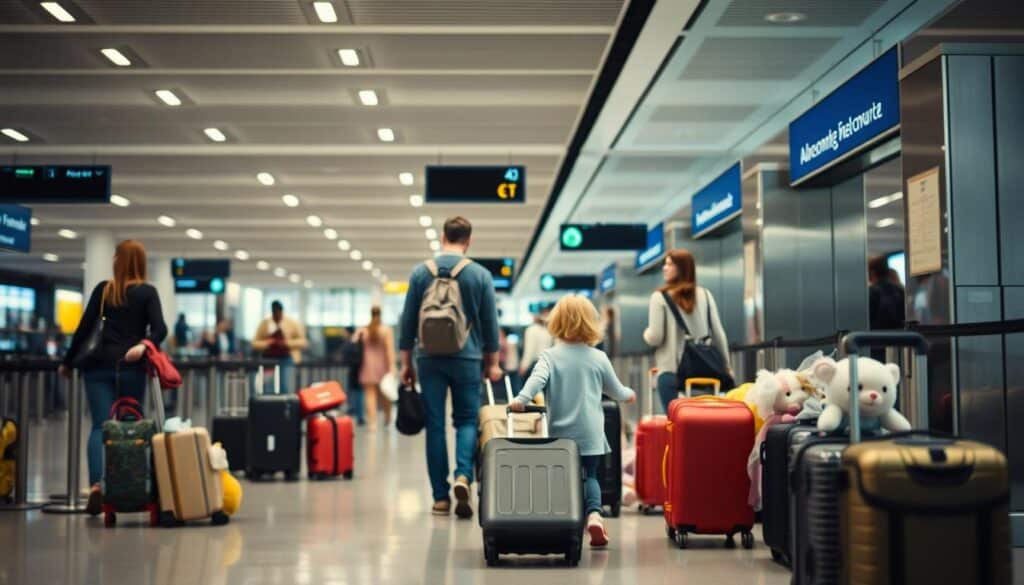 Sicherheitskontrolle mit Kindern am Flughafen