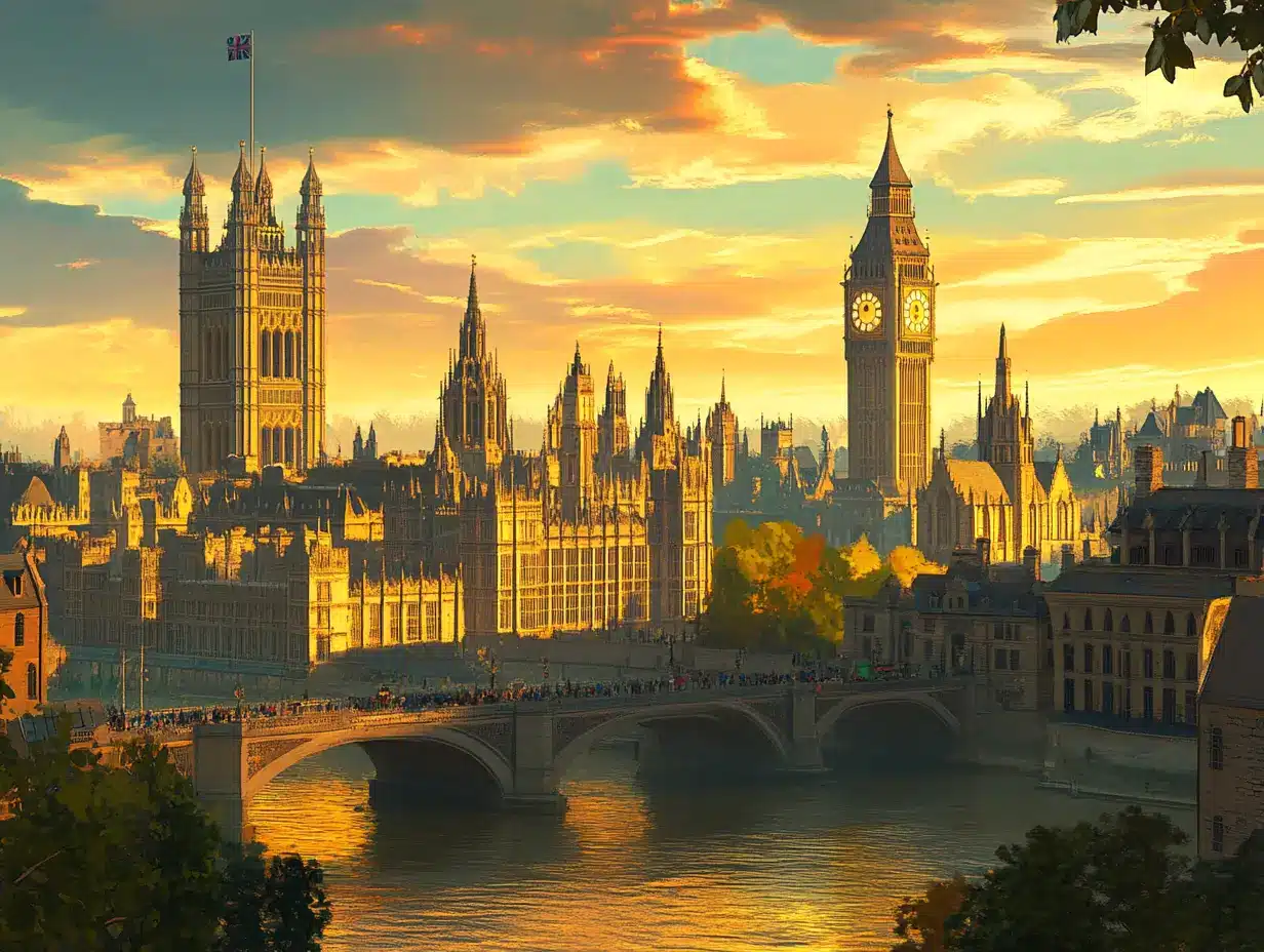 Panoramablick auf Englands Top-Reiseziele: der beleuchtete Big Ben und die Houses of Parliament bei Sonnenuntergang, die historische Tower Bridge über der Themse, die mystischen Steinformationen von Stonehenge im Abendlicht, die malerische englische Küstenlandschaft mit grünen Klippen und das charmante Stadtbild von Oxford mit seinen alten Universitätsgebäuden.